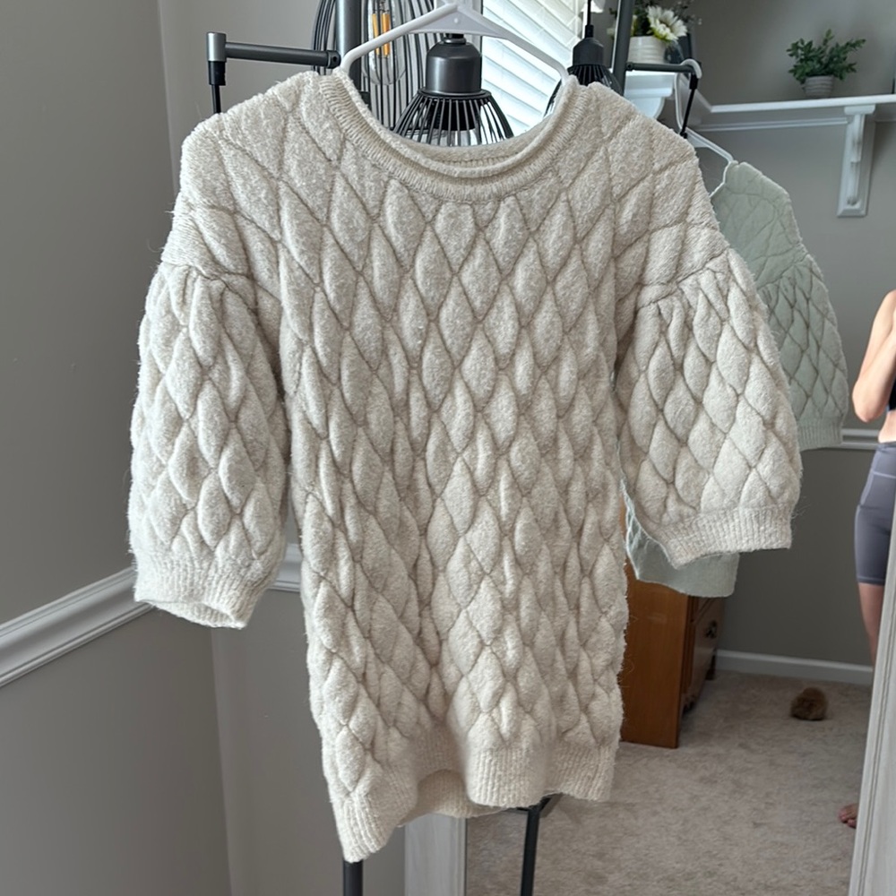 Anthropologie Cream Crew Neck Sweater with Textured Knit